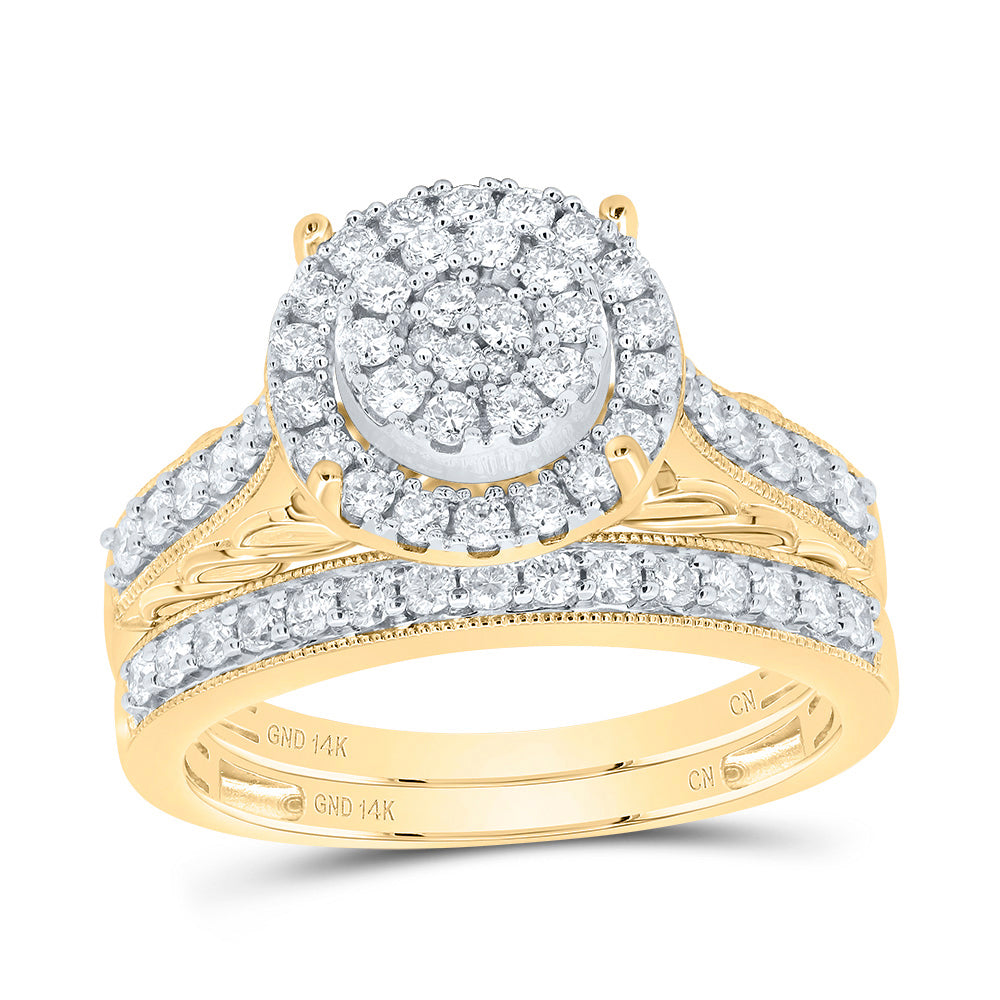 14kt Yellow Gold 7/8 Cttw Diamond Round Double Halo Wedding Engagement Anniversary Bridal Set, Women Size: 5-9