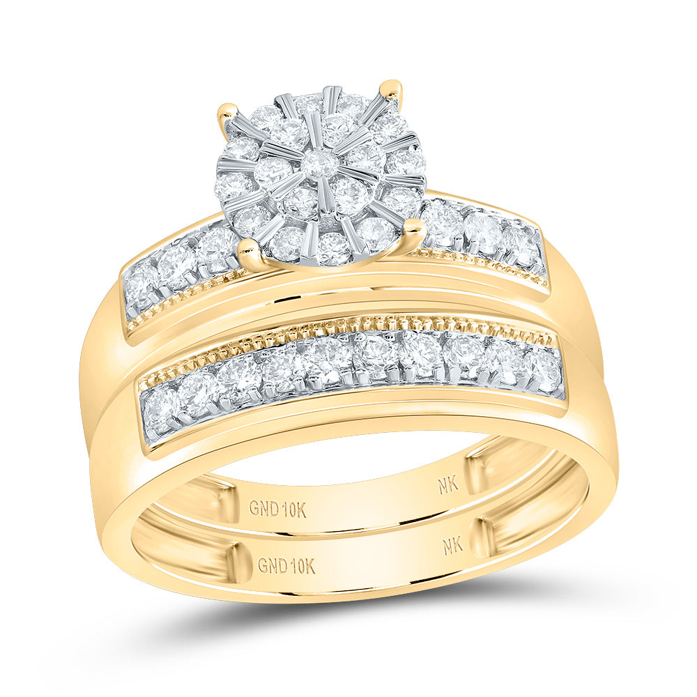 10kt Yellow Gold His & Hers 7/8 Cttw Diamond Round Bridal Wedding Ring Band Set, Women Size: 5-9, Men Size: 8-12