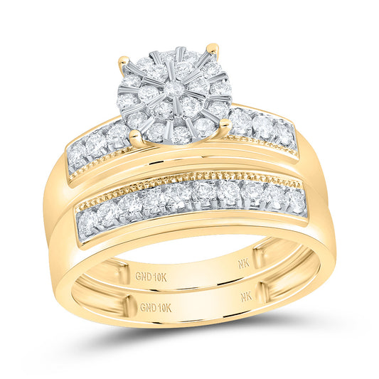 10kt Yellow Gold His & Hers 7/8 Cttw Diamond Round Bridal Wedding Ring Band Set, Women Size: 5-9, Men Size: 8-12