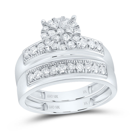 10kt White Gold His & Hers 7/8 Cttw Diamond Round Bridal Wedding Ring Band Set, Women Size: 5-9, Men Size: 8-12