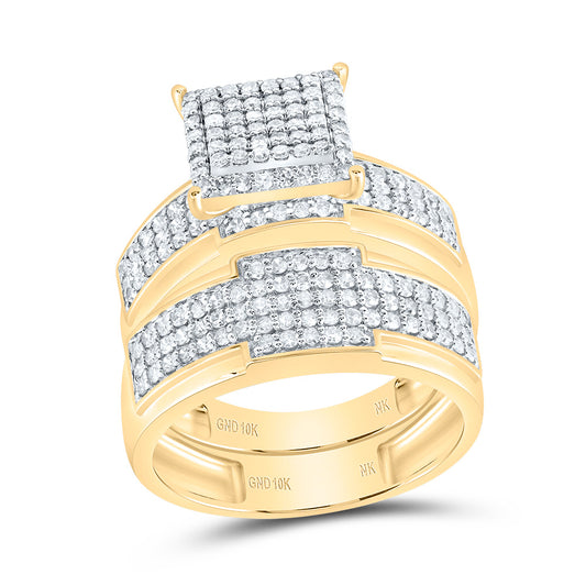 10kt Yellow Gold His & Hers 1 1/2 Cttw Diamond Square Bridal Wedding Ring Band Set, Women Size: 5-9, Men Size: 8-12