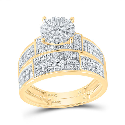 10kt Yellow Gold His & Hers 1 1/4 Cttw Diamond Round Bridal Wedding Ring Band Set, Women Size: 5-9, Men Size: 8-12