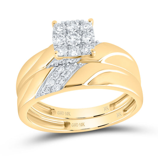 10kt Yellow Gold His & Hers 5/8 Cttw Diamond Square Bridal Wedding Ring Band Set, Women Size: 5-9, Men Size: 8-12