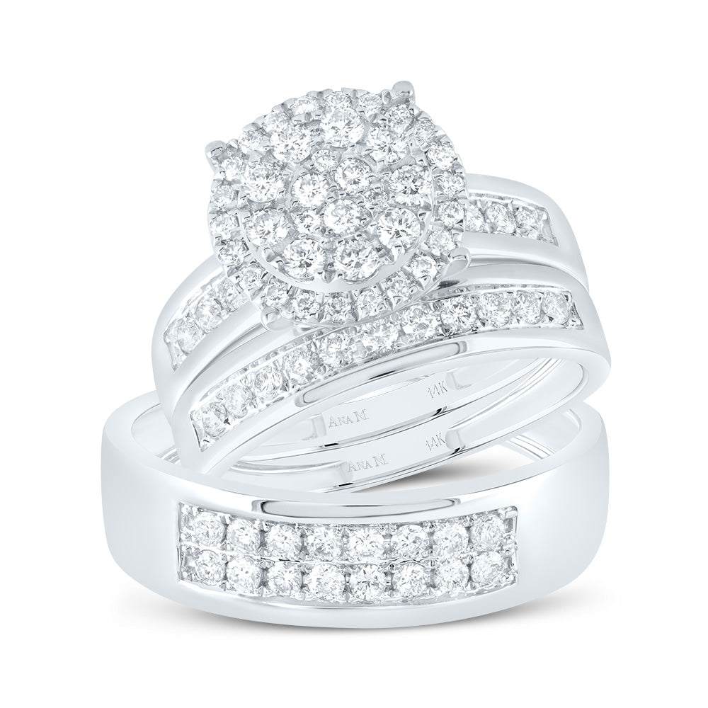 14kt White Gold His & Hers 1 Cttw Diamond Ana M Round Bridal Wedding Ring Band Set, Women Size: 5-9, Men Size: 8-12