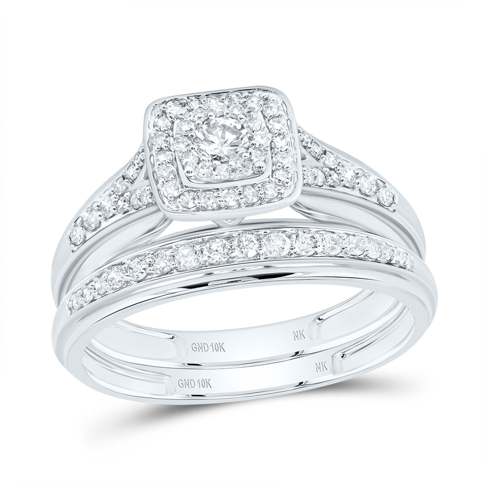 10kt White Gold His & Hers 7/8 Cttw Diamond Square Bridal Wedding Ring Band Set, Women Size: 5-9, Men Size: 8-12