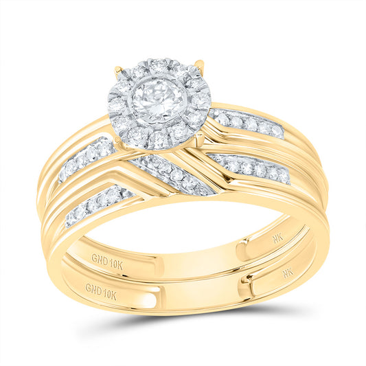 10kt Yellow Gold His & Hers 3/8 Cttw Diamond Round Bridal Wedding Ring Band Set, Women Size: 5-9, Men Size: 8-12