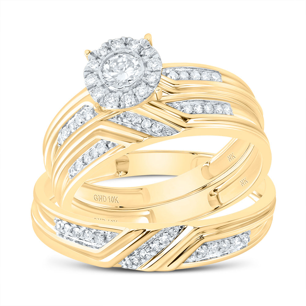 10kt Yellow Gold His & Hers 3/8 Cttw Diamond Round Bridal Wedding Ring Band Set, Women Size: 5-9, Men Size: 8-12