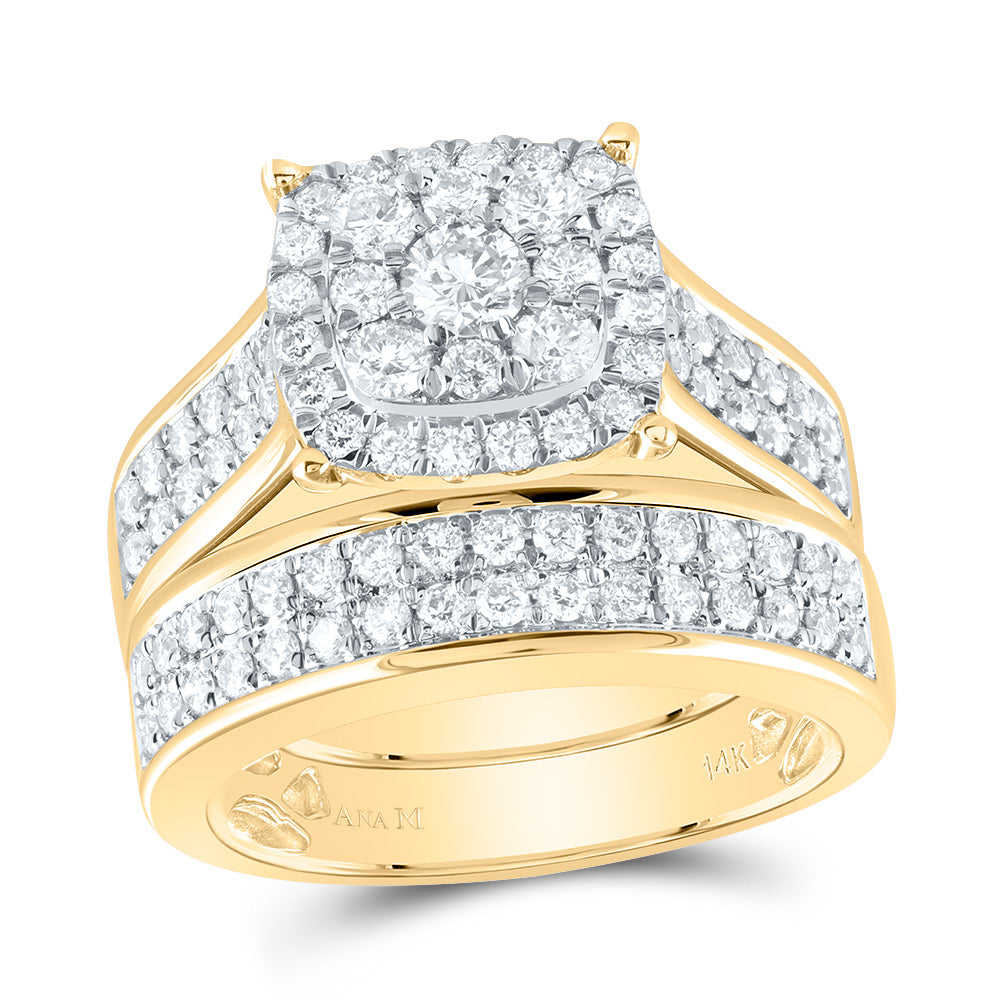 14kt Yellow Gold His & Hers 2 3/8 Cttw Diamond Ana M Cushion Bridal Wedding Ring Band Set, Women Size: 5-9, Men Size: 8-12