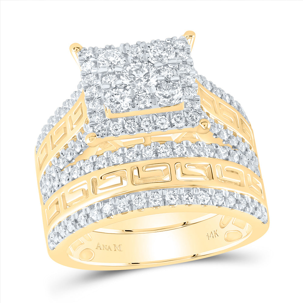 14kt Yellow Gold His & Hers 2 Cttw Diamond Ana M and 1/5 Cttw Round Square Bridal Wedding Ring Band Set, Women Size: 5-9, Men Size: 8-12