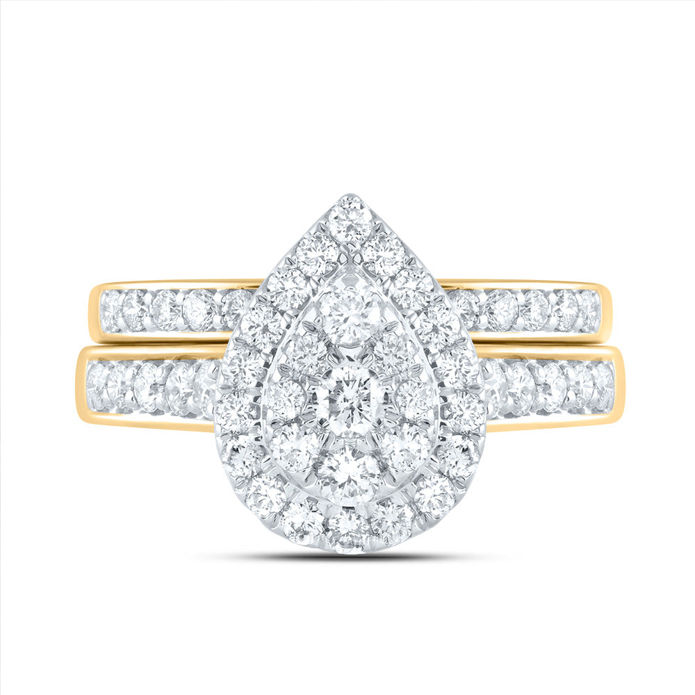14kt Yellow Gold 1 Cttw Diamond Ana M Pear Double Halo Fashion Wedding Engagement Anniversary Bridal Set, Women Size: 5-9