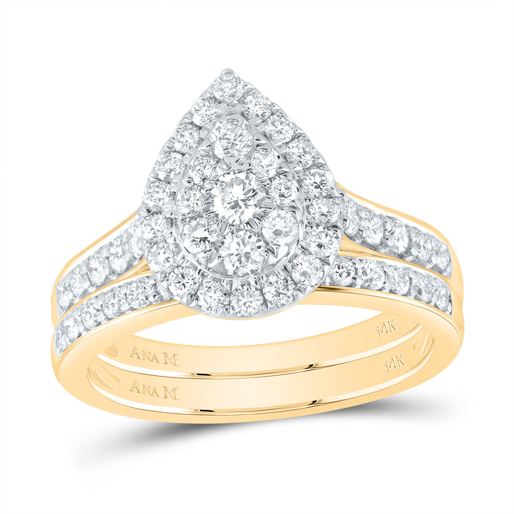 14kt Yellow Gold 1 Cttw Diamond Ana M Pear Double Halo Fashion Wedding Engagement Anniversary Bridal Set, Women Size: 5-9