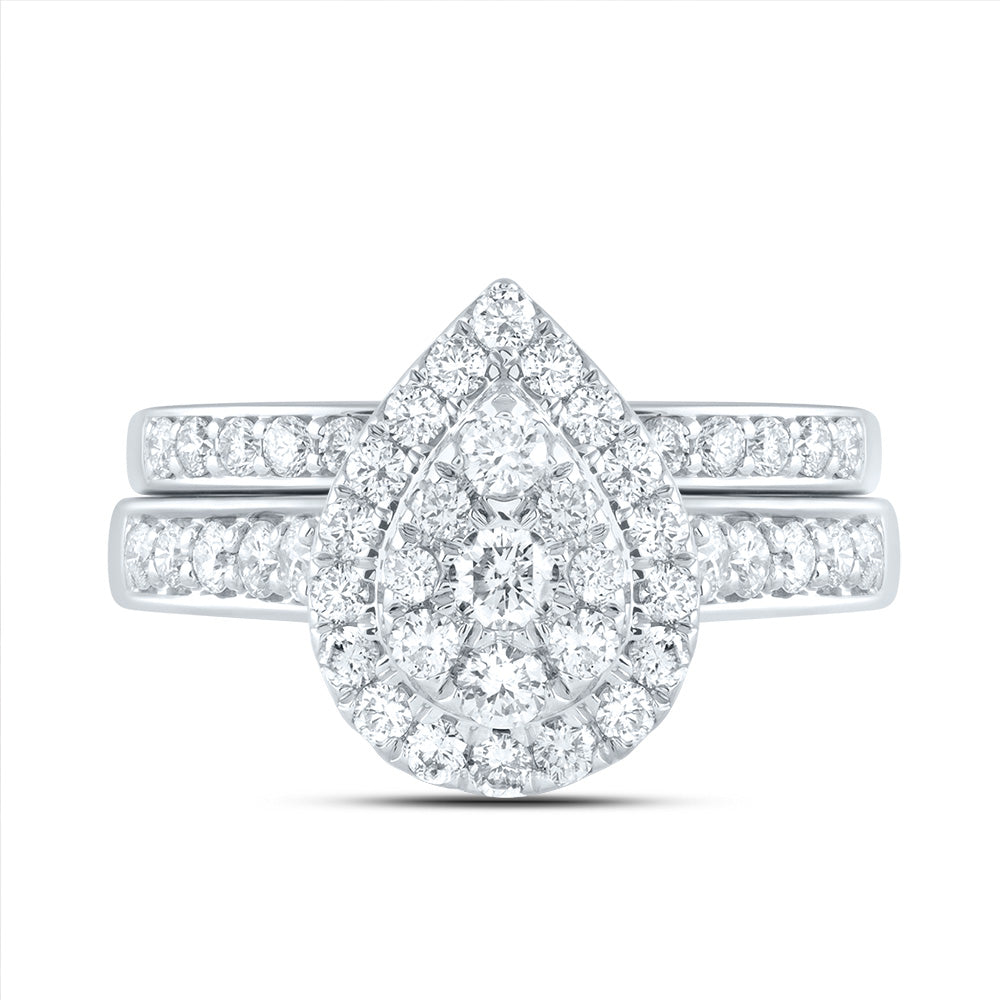 14kt White Gold 1 Cttw Diamond Ana M Pear Double Halo Fashion Wedding Engagement Anniversary Bridal Set, Women Size: 5-9