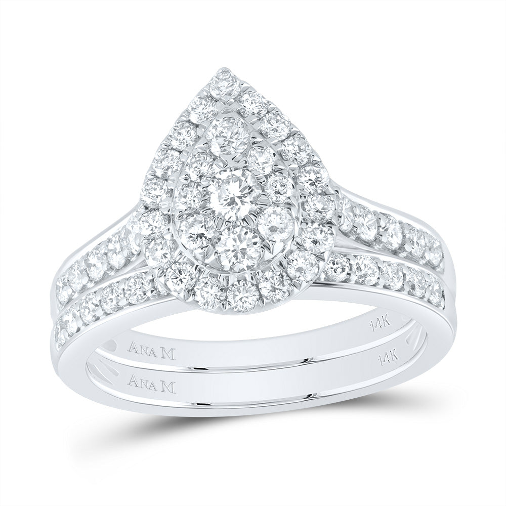 14kt White Gold 1 Cttw Diamond Ana M Pear Double Halo Fashion Wedding Engagement Anniversary Bridal Set, Women Size: 5-9