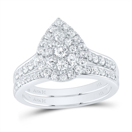 14kt White Gold 1 Cttw Diamond Ana M Pear Double Halo Fashion Wedding Engagement Anniversary Bridal Set, Women Size: 5-9
