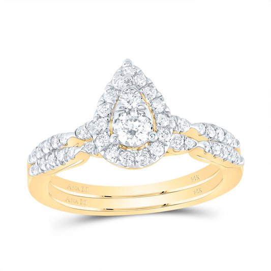 14kt Yellow Gold 5/8 Cttw Diamond Ana M Pear Single Halo Fashion Wedding Engagement Anniversary Bridal Set, Women Size: 5-9