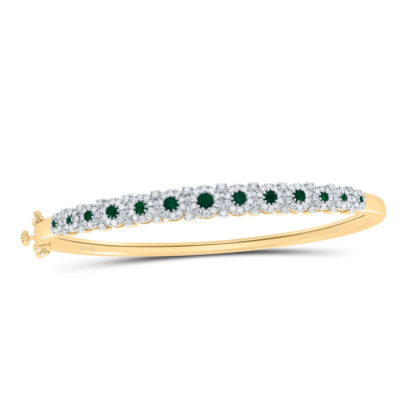 14kt Yellow Gold 7/8 Cttw Natural Diamond and 1/2 Cttw Round Emerald Natural Gem Bubble Ladies Bangle(60x50)