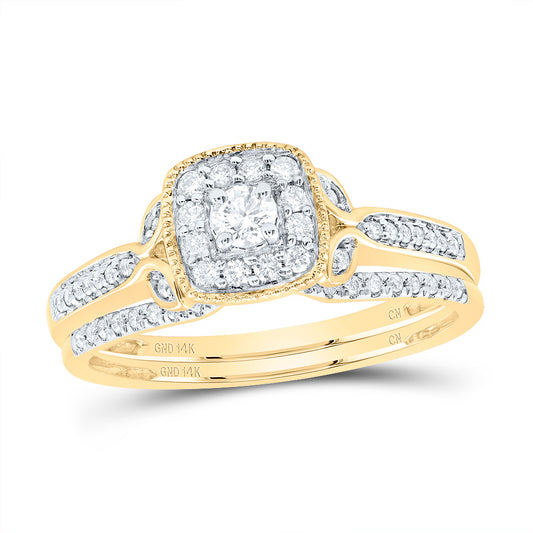 14kt Yellow Gold 1/3 Cttw Diamond Cushion Single Halo Wedding Engagement Anniversary Bridal Set, Women Size: 5-9