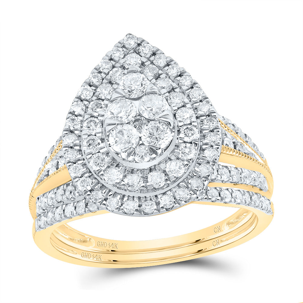 14kt Yellow Gold 1 Cttw Diamond Pear Double Halo Wedding Engagement Anniversary Bridal Set, Women Size: 5-9