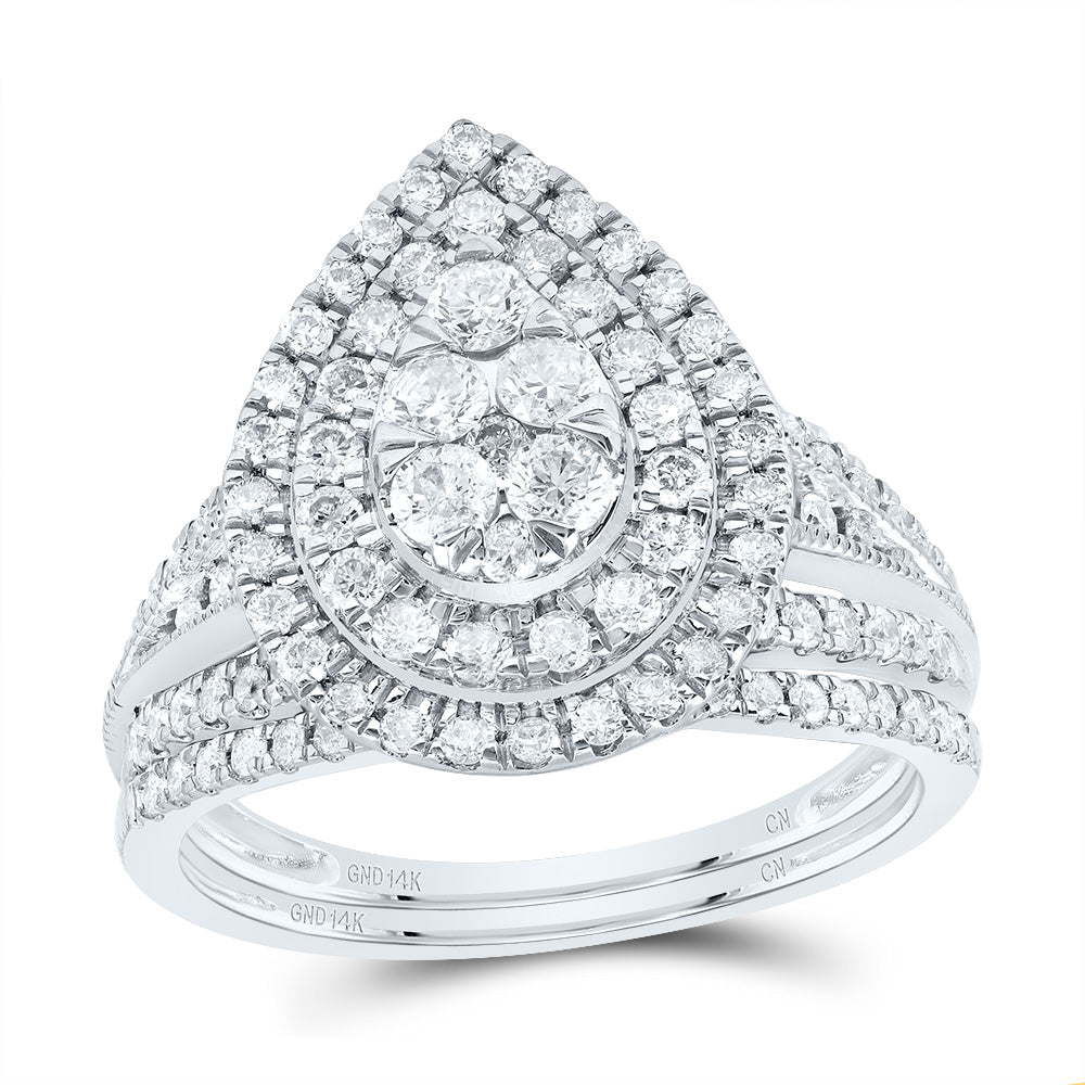 14kt White Gold 1 Cttw Diamond Pear Double Halo Wedding Engagement Anniversary Bridal Set, Women Size: 5-9