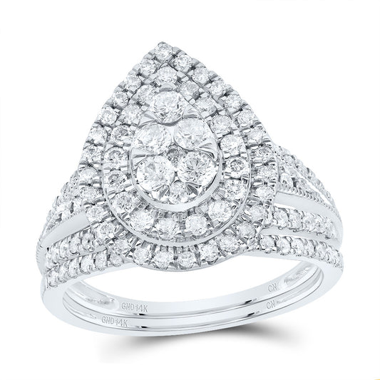 14kt White Gold 1 Cttw Diamond Pear Double Halo Wedding Engagement Anniversary Bridal Set, Women Size: 5-9