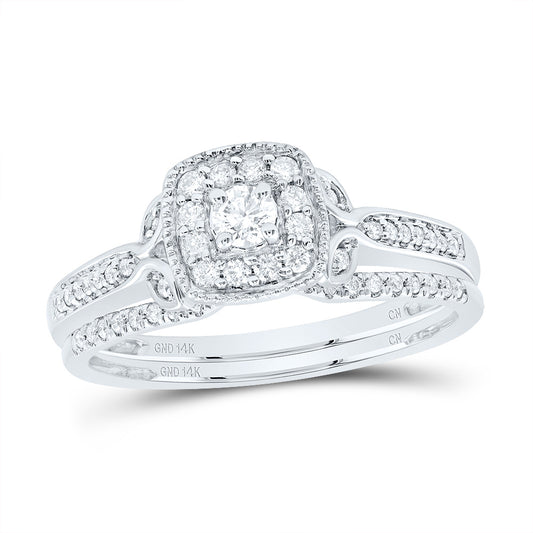 14kt White Gold 1/3 Cttw Diamond Cushion Single Halo Wedding Engagement Anniversary Bridal Set, Women Size: 5-9