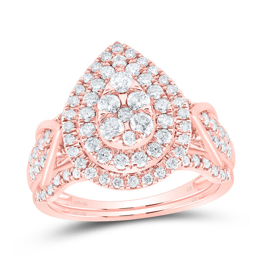 14kt Rose Gold 1 Cttw Diamond Pear Double Halo Wedding Engagement Anniversary Bridal Set, Women Size: 5-9