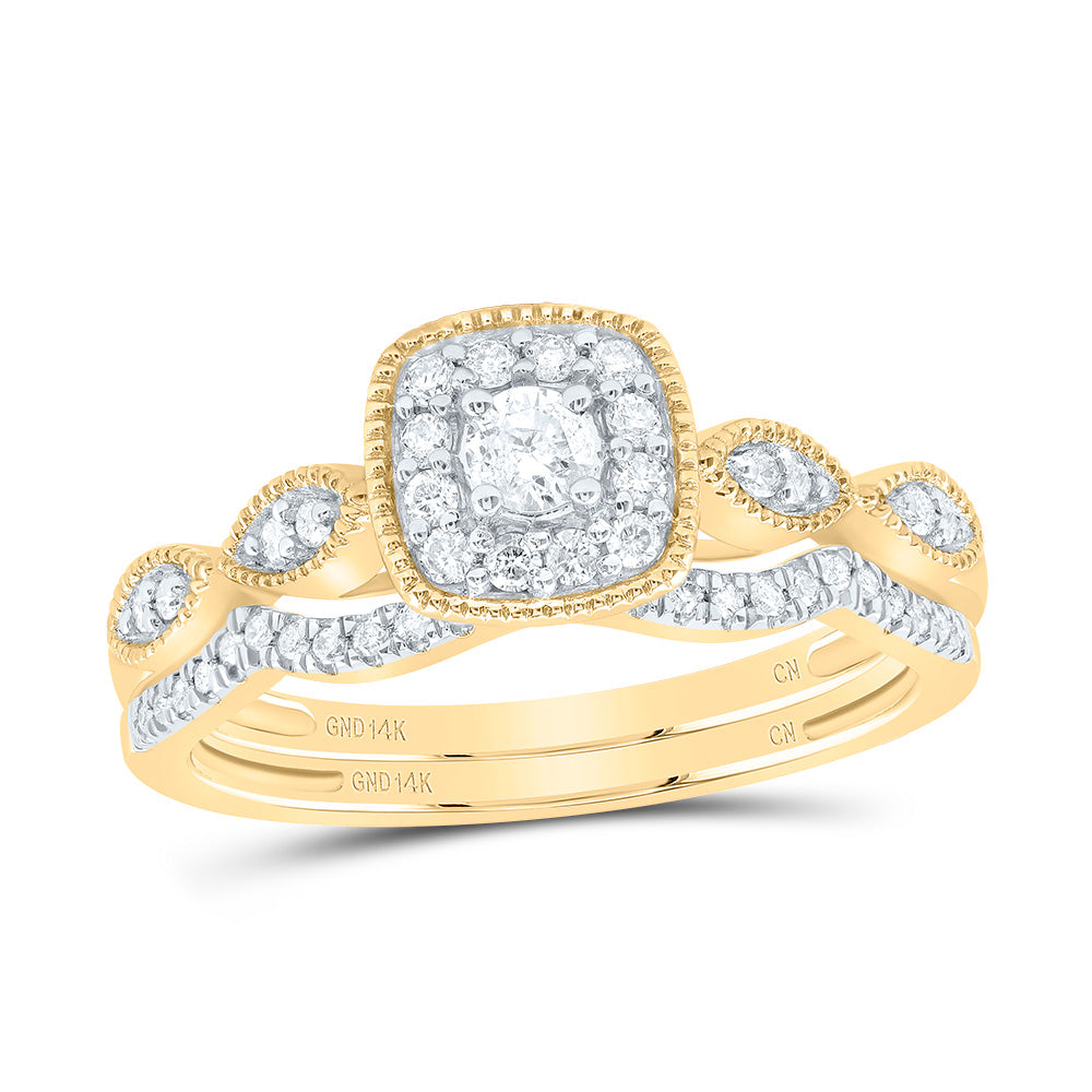 14kt Yellow Gold 1/3 Cttw Diamond Cushion Single Halo Wedding Engagement Anniversary Bridal Set, Women Size: 5-9