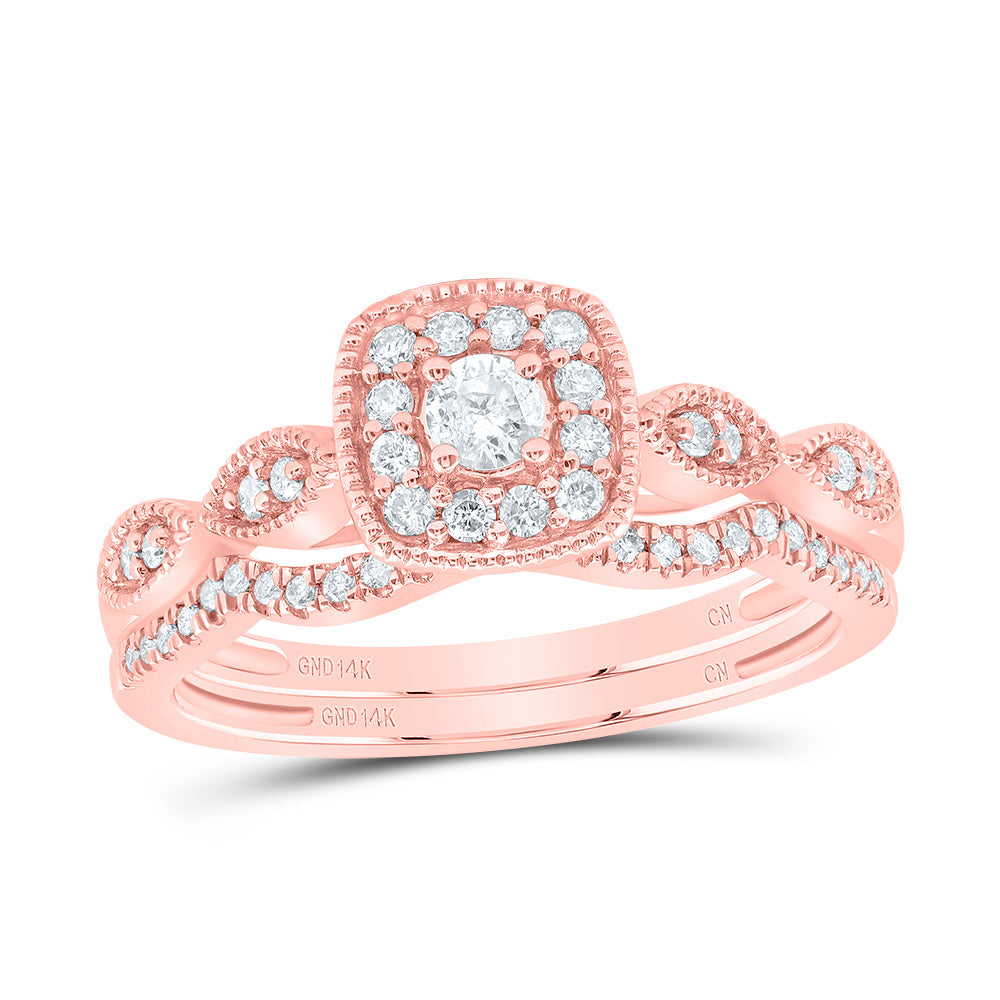 14kt Rose Gold 1/3 Cttw Diamond Cushion Single Halo Wedding Engagement Anniversary Bridal Set, Women Size: 5-9