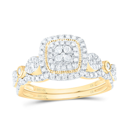 14kt Yellow Gold 1/2 Cttw Diamond Cushion Double Halo Wedding Engagement Anniversary Bridal Set, Women Size: 5-9
