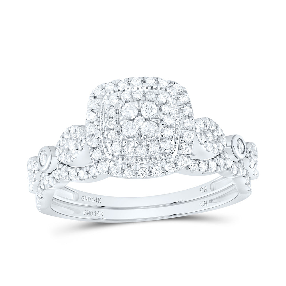 14kt White Gold 1/2 Cttw Diamond Cushion Double Halo Wedding Engagement Anniversary Bridal Set, Women Size: 5-9