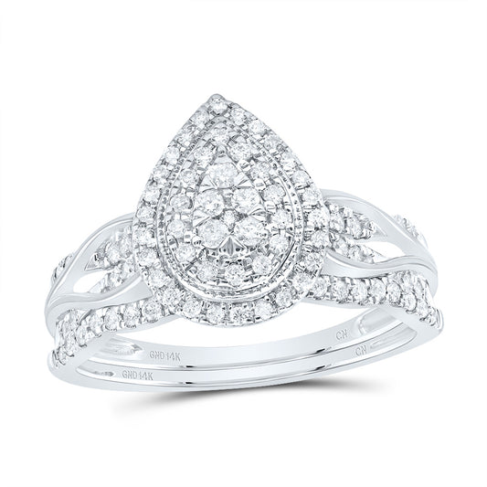 14kt White Gold 1/2 Cttw Diamond Pear Double Halo Wedding Engagement Anniversary Bridal Set, Women Size: 5-9