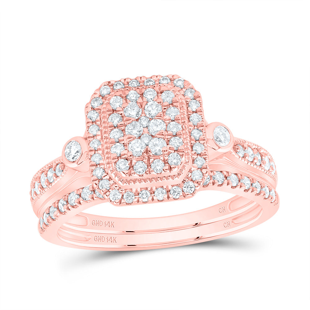 14kt Rose Gold 1/2 Cttw Diamond Emerald Double Halo Wedding Engagement Anniversary Bridal Set, Women Size: 5-9