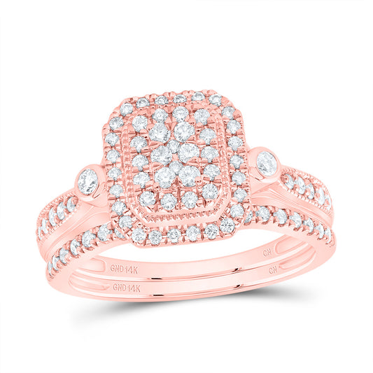 14kt Rose Gold 1/2 Cttw Diamond Emerald Double Halo Wedding Engagement Anniversary Bridal Set, Women Size: 5-9