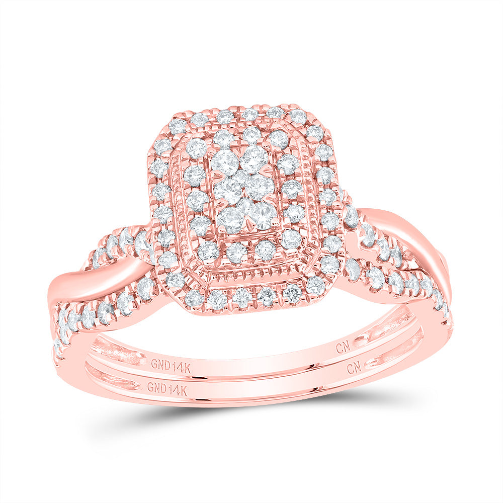 14kt Rose Gold 1/2 Cttw Diamond Emerald Double Halo Wedding Engagement Anniversary Bridal Set, Women Size: 5-9