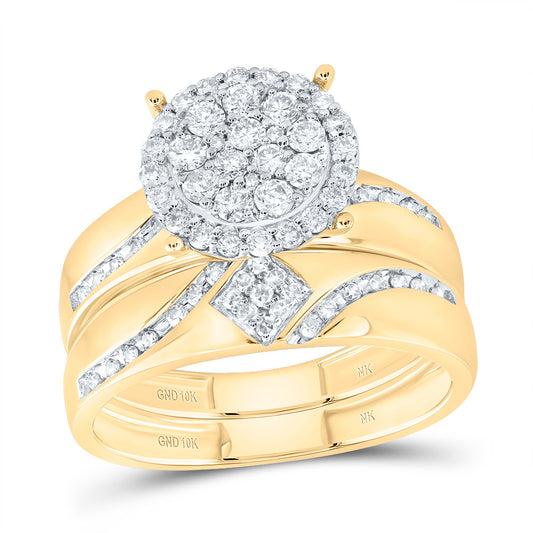 10kt Yellow Gold His & Hers 7/8 Cttw Diamond Round Bridal Wedding Ring Band Set, Women Size: 5-9, Men Size: 8-12