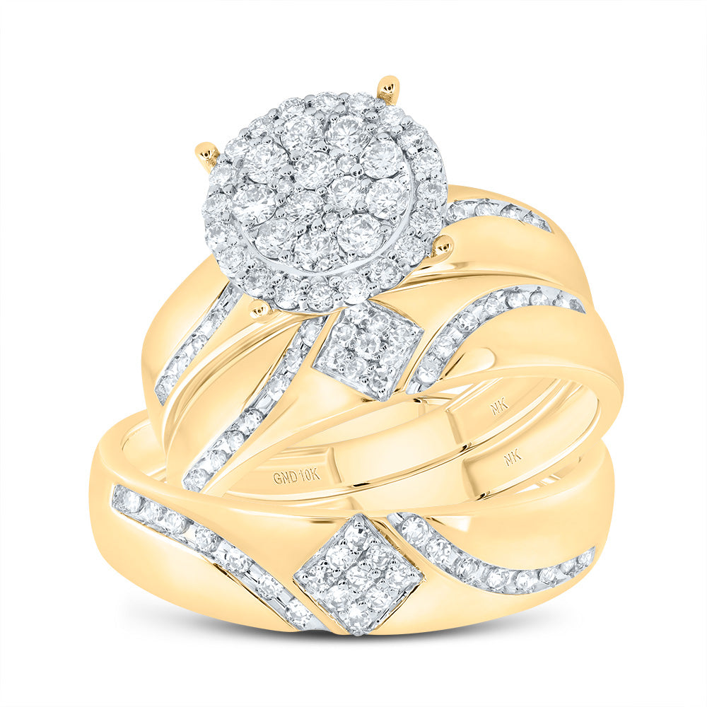 10kt Yellow Gold His & Hers 7/8 Cttw Diamond Round Bridal Wedding Ring Band Set, Women Size: 5-9, Men Size: 8-12