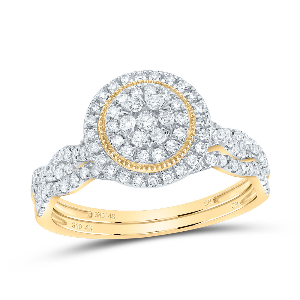 14kt Yellow Gold 1/2 Cttw Natural Diamond Round Double Halo Wedding Engagement Anniversary Bridal Set, Women Size: 5-9