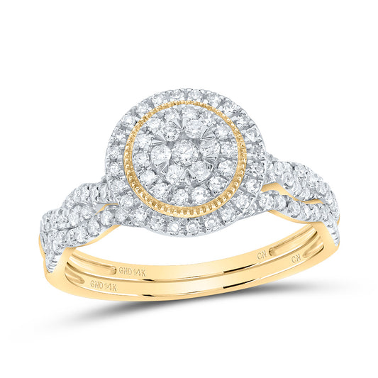 14kt Yellow Gold 1/2 Cttw Natural Diamond Round Double Halo Wedding Engagement Anniversary Bridal Set, Women Size: 5-9