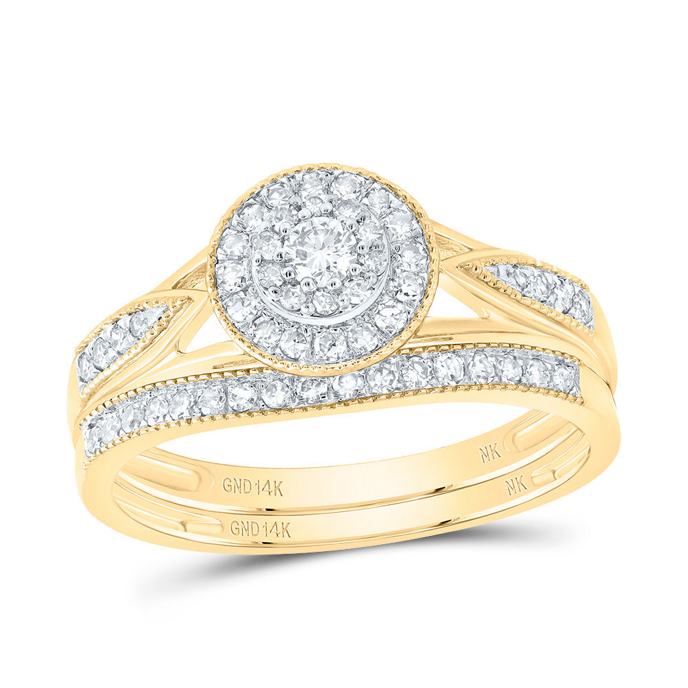 14kt Yellow Gold 3/8 Cttw Diamond Round Double Halo Wedding Engagement Anniversary Bridal Set, Women Size: 5-9