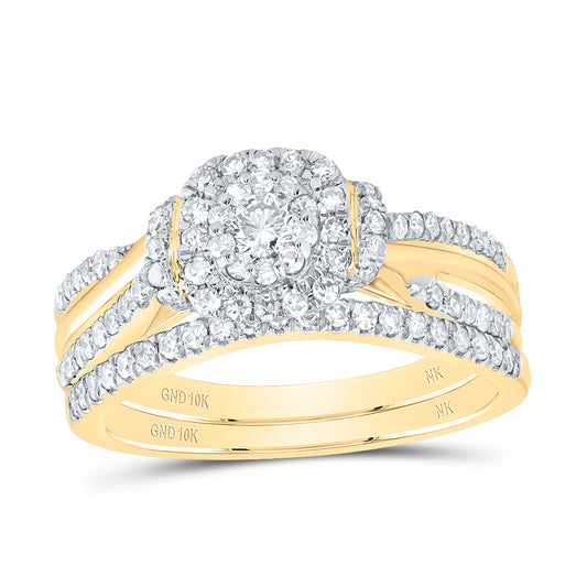 10kt Yellow Gold 5/8 Cttw Diamond Cushion Double Halo Wedding Engagement Anniversary Bridal Set, Women Size: 5-9