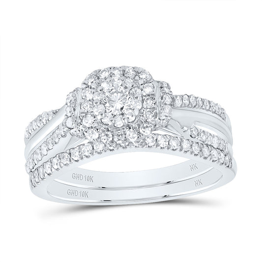 10kt White Gold 5/8 Cttw Diamond Cushion Double Halo Wedding Engagement Anniversary Bridal Set, Women Size: 5-9