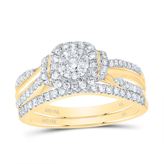 14kt Yellow Gold 5/8 Cttw Diamond Cushion Double Halo Wedding Engagement Anniversary Bridal Set, Women Size: 5-9