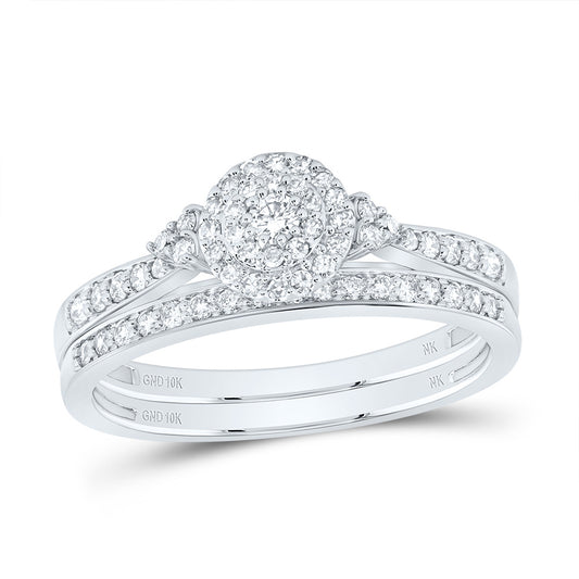 10K White Gold 1/2 Ctw Natural Diamond Round Double Halo Bridal Set, Womens Size: 5-9