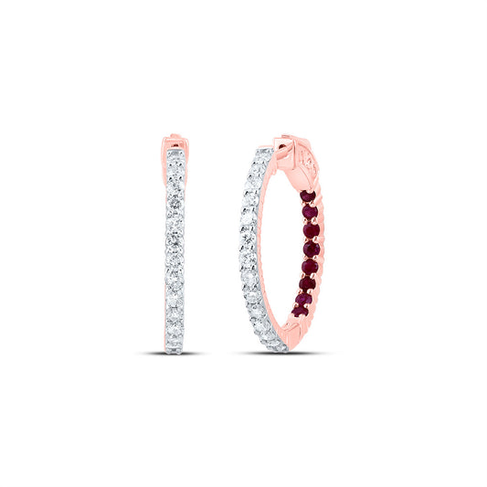 14kt Rose Gold 7/8 Cttw Natural Diamond 5/8 Cttw Round Ruby Natural Gem Hoop Earring