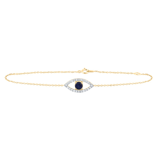10kt Yellow Gold 1/6 Cttw Diamond 4mm Round Blue Sapphire Natural Gem Evil-eye Bracelet, Length: 7 Inch