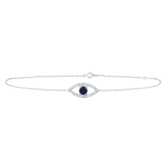 10kt White Gold 1/6 Cttw Diamond 4mm Round Blue Sapphire Natural Gem Evil-eye Bracelet, Length: 7 Inch