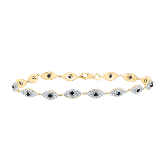 10kt Yellow Gold 1 1/4 Cttw Diamond and 1/2 Cttw- Round Blue Sapphire Natural Gem Evil-eye Bracelet, Length: 7 Inch