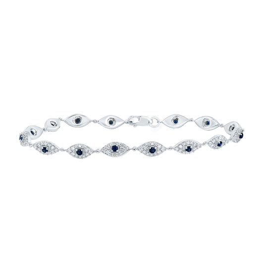 10kt White Gold 1 1/4 Cttw Diamond and 1/2 Cttw- Round Blue Sapphire Natural Gem Evil-eye Bracelet, Length: 7 Inch