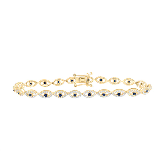 14kt Yellow Gold 1 1/2 Cttw Diamond Ana M 5/8 Cttw Round Blue Sapphire Natural Gem Evil Eye Bracelet, Length: 7 Inch