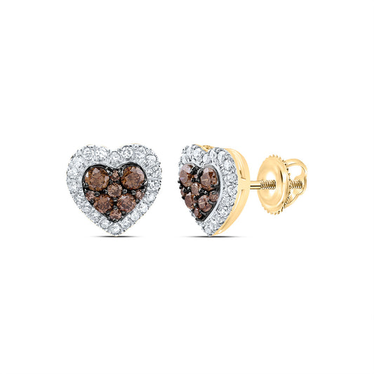 10kt Yellow Gold 1/2 Cttw Natural Diamond Cognac Natural Heart Stud Earring